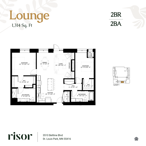 Floor plan for 2 beds, 2 baths, 1314 sqft